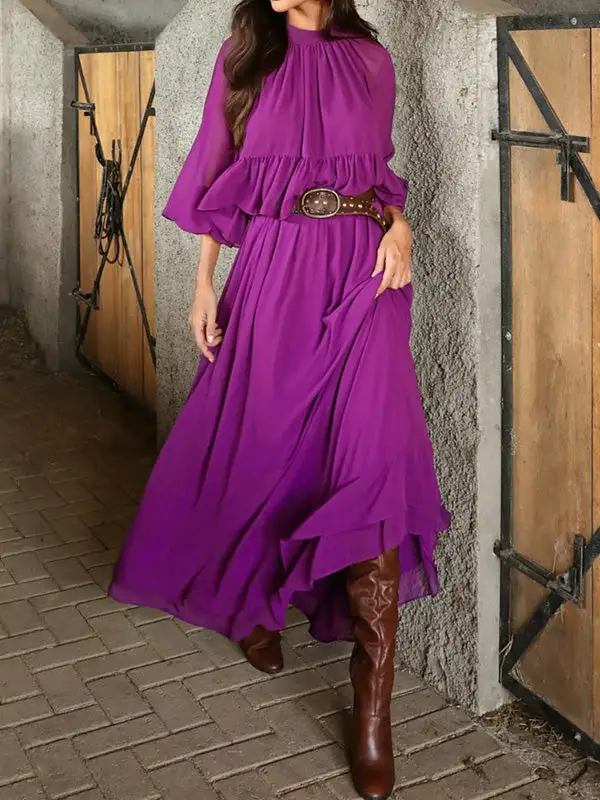 Flared Loose Pleated Neck Maxi Dress