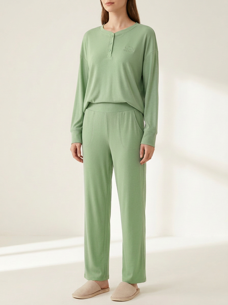 Women's Cloud-Embroidered Henley Straight-Leg Lounge Set