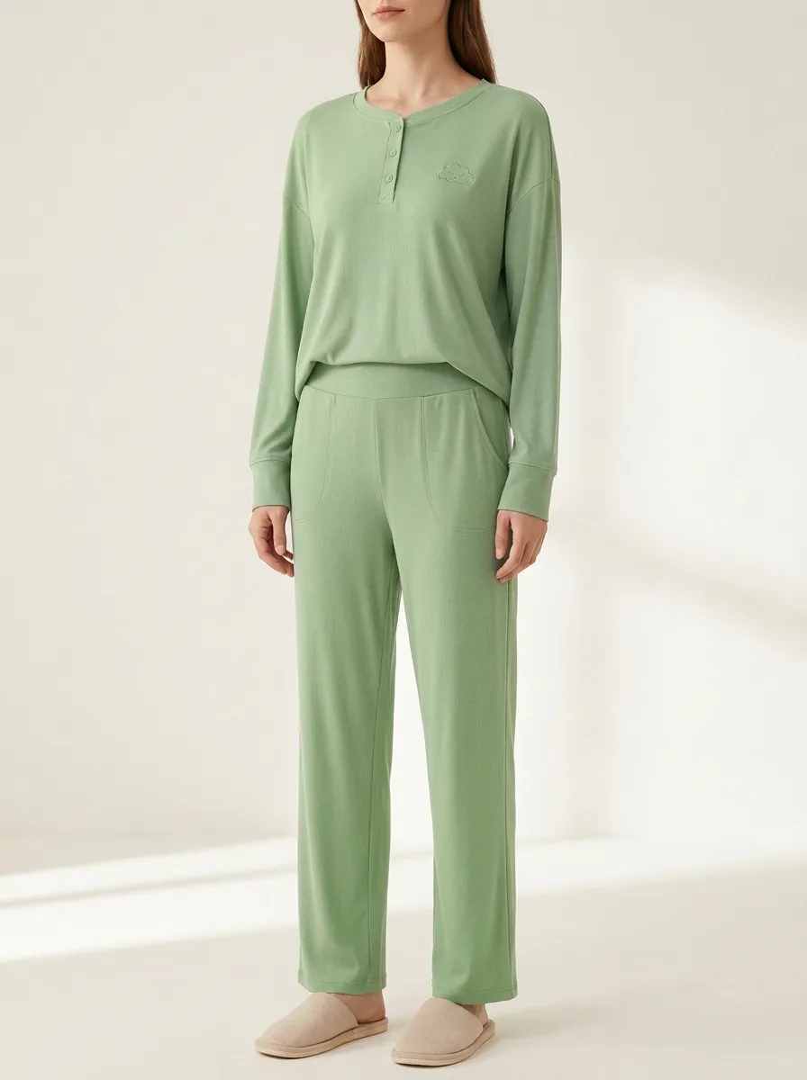 Women's Cloud-Embroidered Henley Straight-Leg Lounge Set