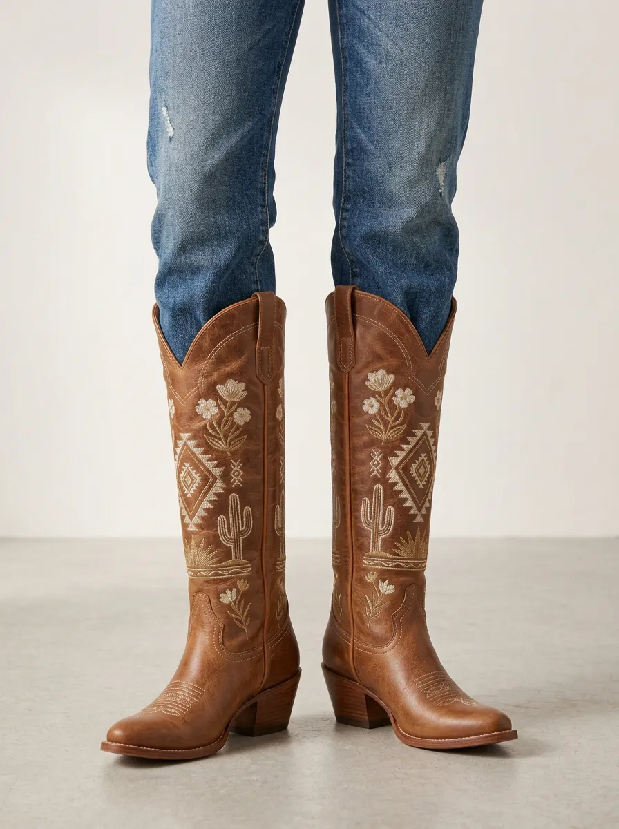Women's Cactus Floral Wing Embroidered Piped Block-Heel Western Denim Over-the-Knee Boots