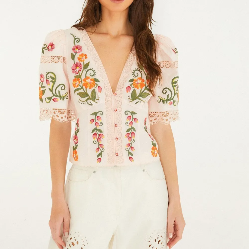 Embroidered Floral Puff-Sleeve Long-Sleeve Blouse