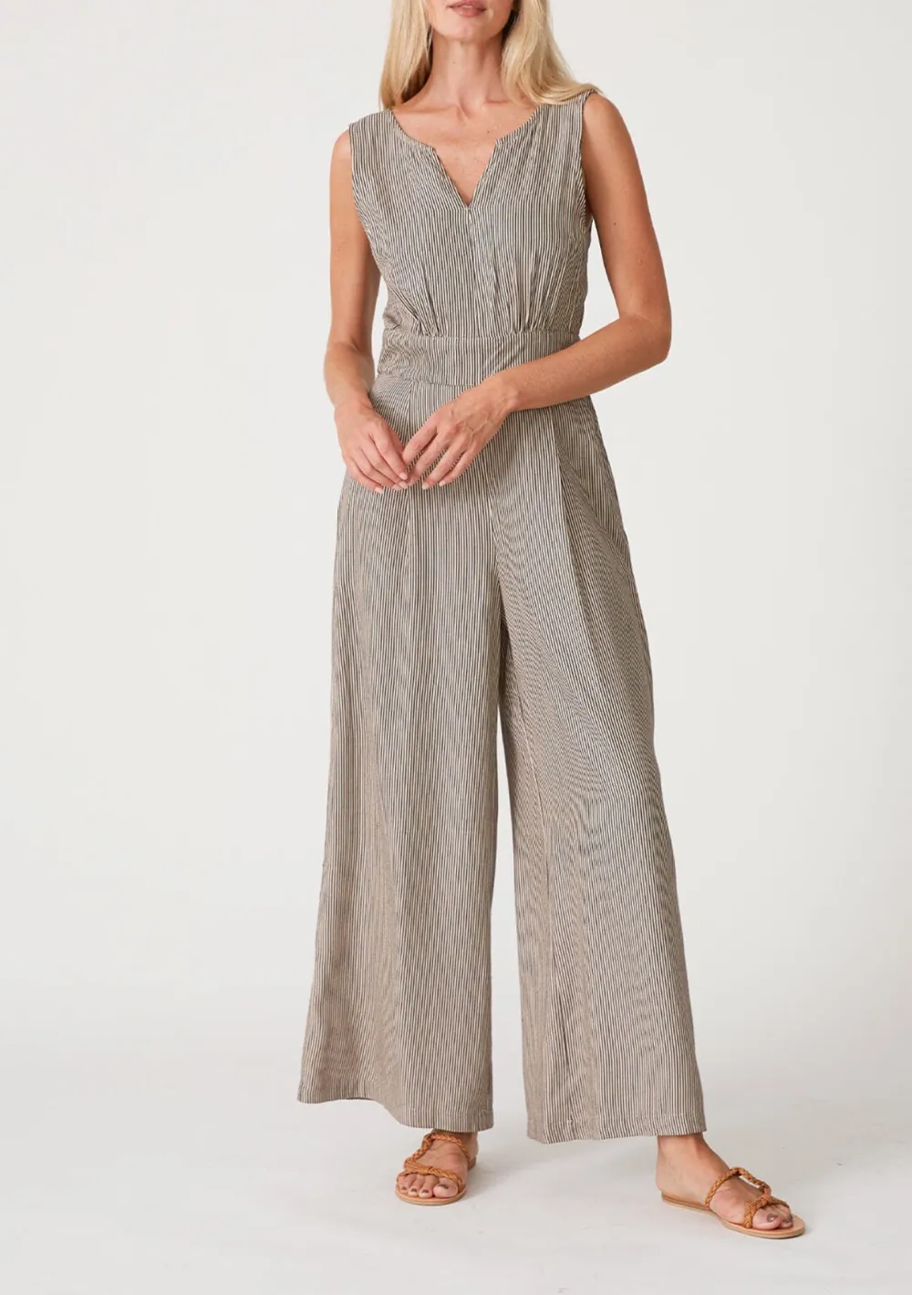 Striped Notched Wide Leg Jumpsuit