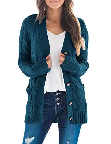 Women's Long Sleeve Cable Knit Sweater Open Front Cardigan Button Loose Outerwear