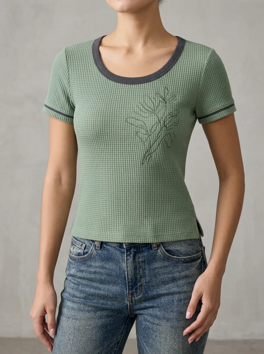 Women's Botanical Floral Line Art Printed Waffle Knit Top