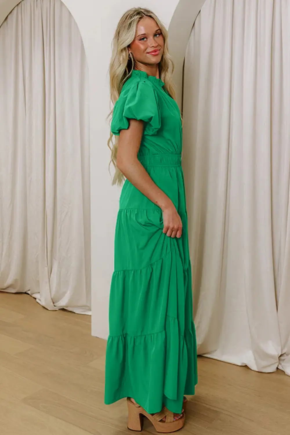 Drape V Neck Tiered Puff Sleeve Maxi Dress