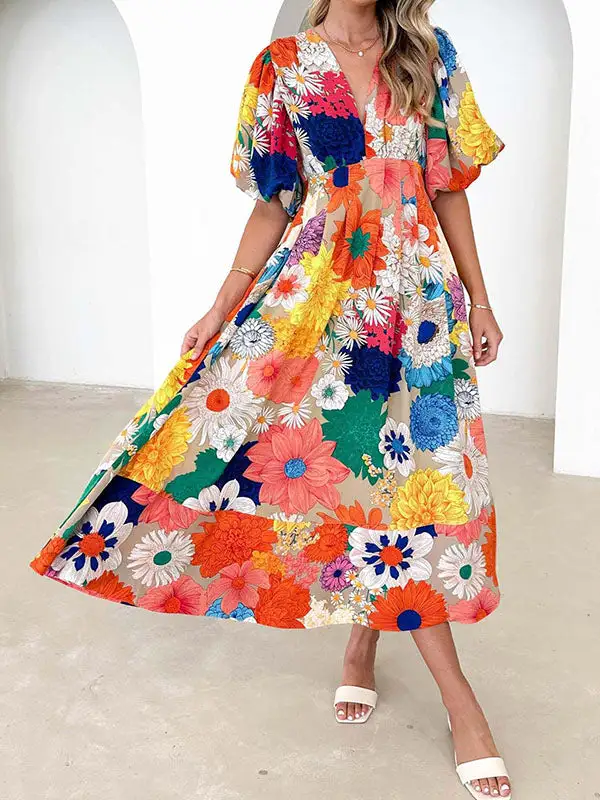 Print Pleated Neck Maxi Dress