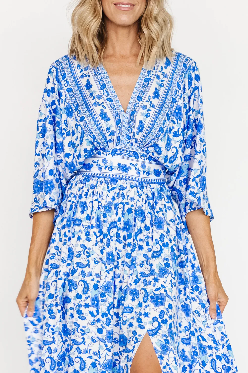 Blue Floral Slit High-Waisted  Dress