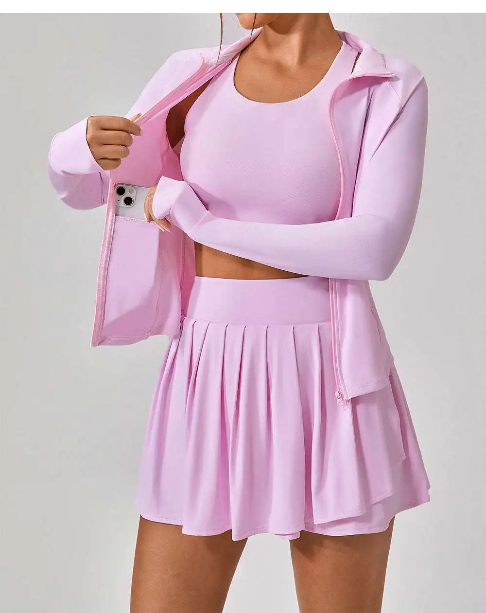 Backless Sleeveless Jacket, Bra and Skort Active Set