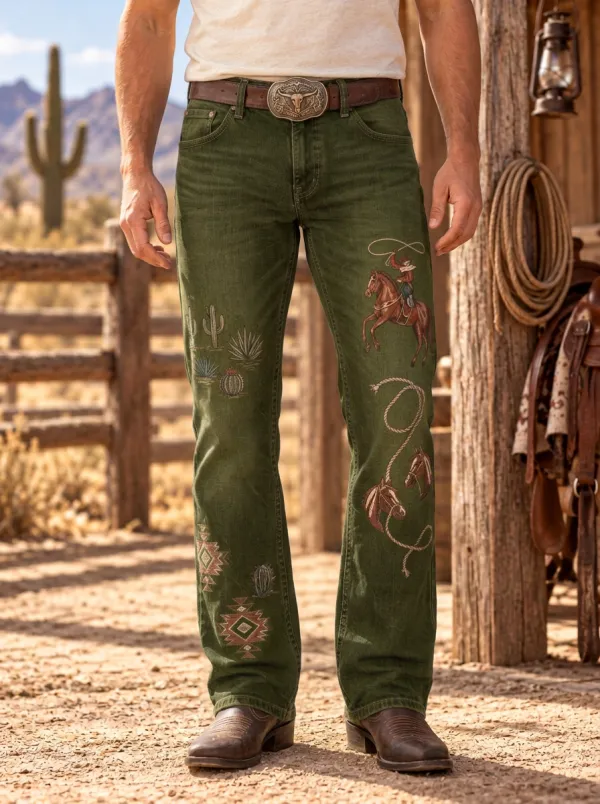 Men's Medium Wash Embroidered Western Jeans