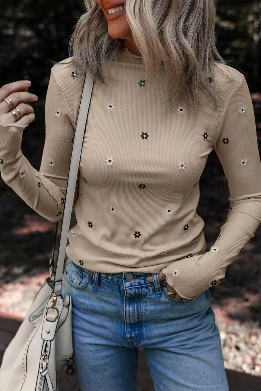 Women's Floral Print Top With Ribbed And Long Sleeve