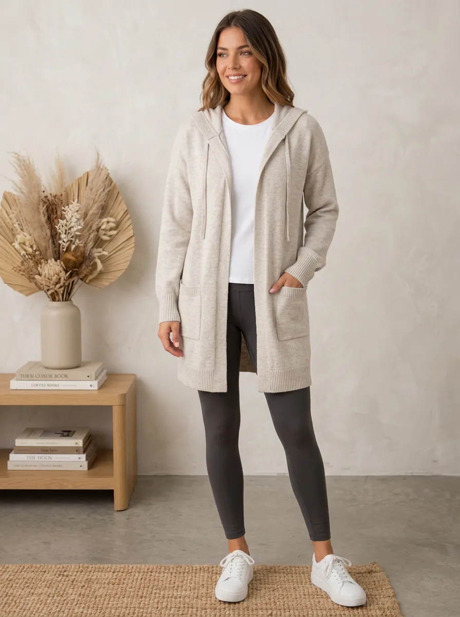 Women's Hooded Open-Front Knit Cardigan Relaxed-Fit
