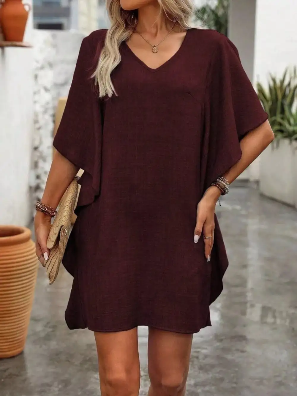 V-Neck Ruffled Mini Dress