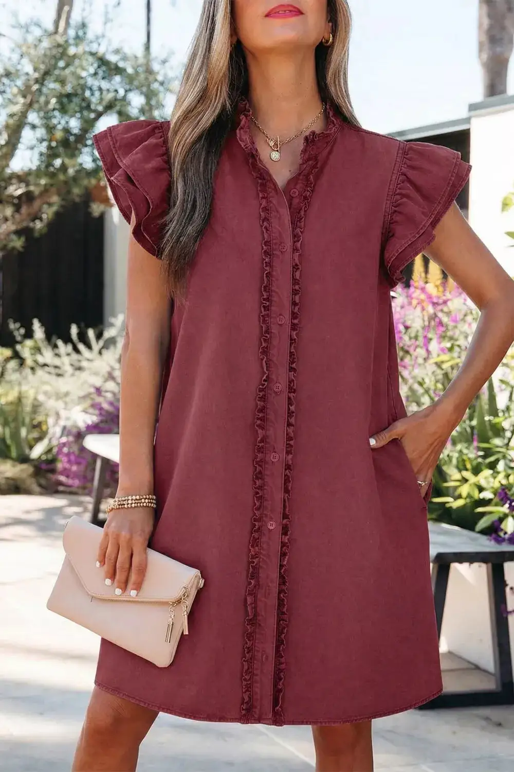 Denim Button Front Ruffle Mini Dress