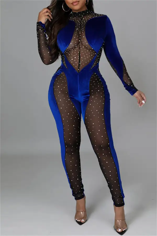 Fashion Sexy Patchwork Hot Drilling See-through Half A Turtleneck Skinny Jumpsuits