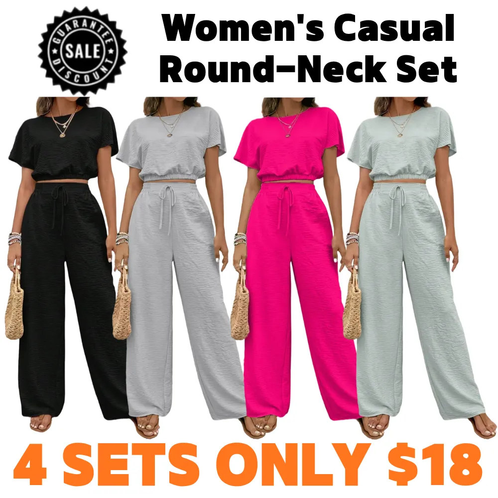 Women’s Casual Two-Piece Set – Round Neck Top & Wide-Leg Drawstring Pants