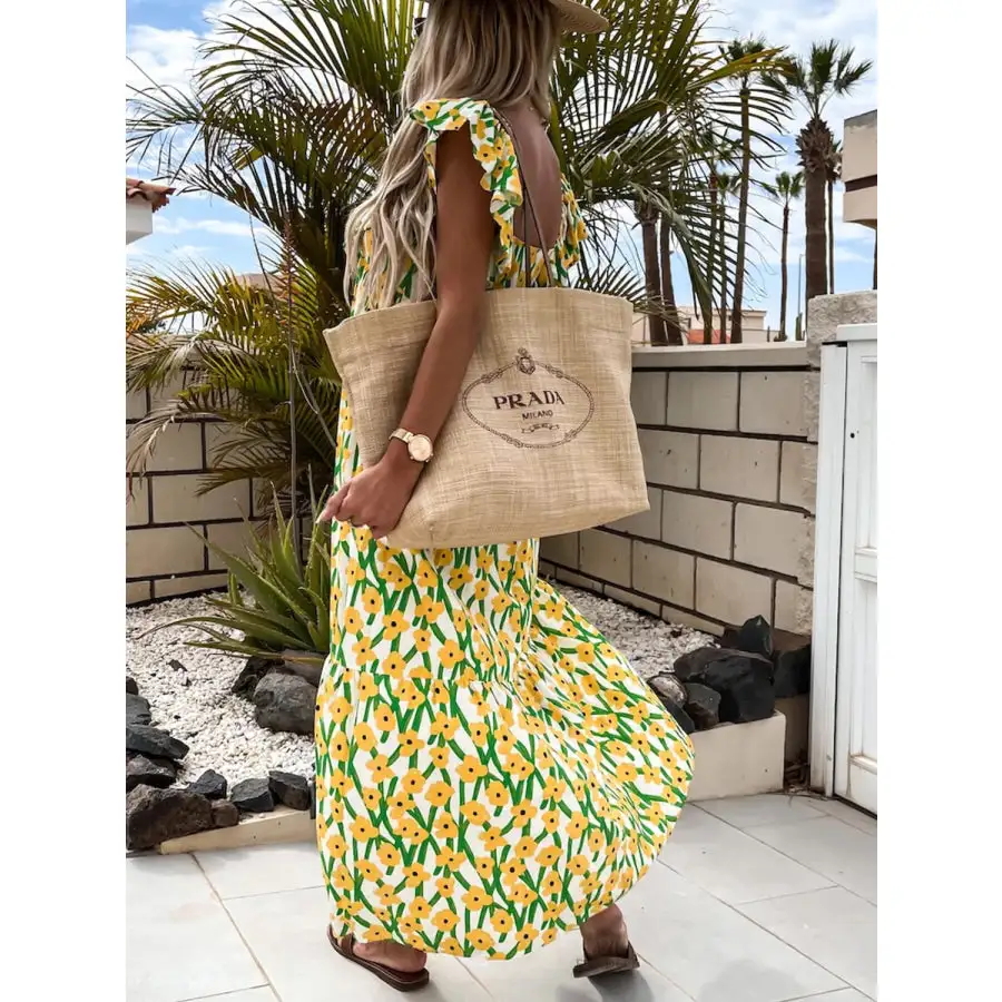 Ruffled Printed Cap Sleeve Midi Dress