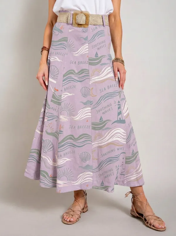 Women's Coastal Lighthouse Seashell Printed Midi Skirt