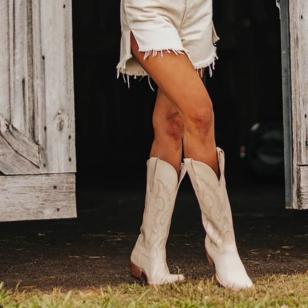 Modern Faux-Leather Embroidered Snip-Toe Chunky-Heel Knee-High Boots