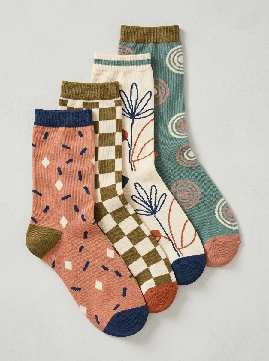 Geometric Floral Boho Four-Pair Casual Socks