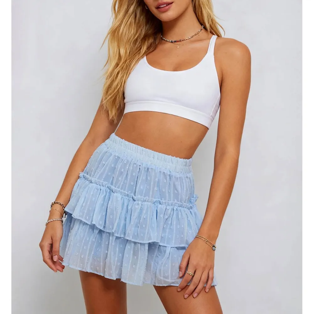 Swiss Dot Tiered Ruffle Elastic Waist Mini Skirt