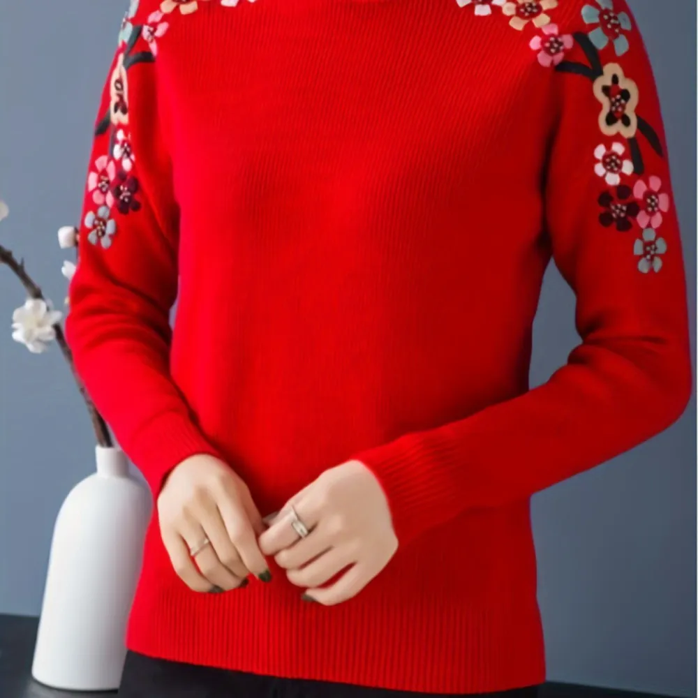 Floral Pattern Mock Neck Knit Sweater Casual