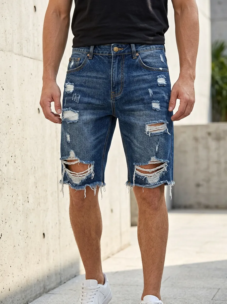 Men's Raw Hem Denim Shorts with Zip Fly Detail