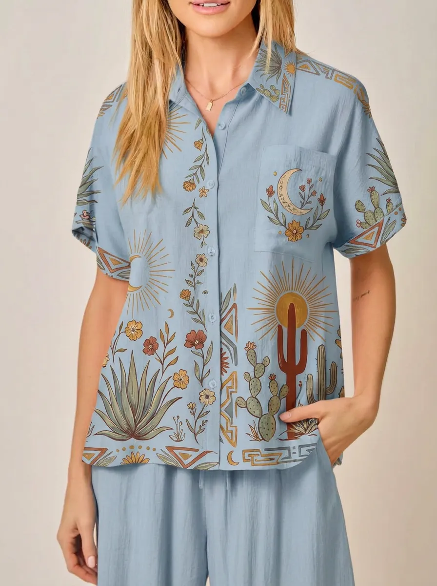 Women's Boho Desert Cactus Moon Sun Printed Button-up Shirt
