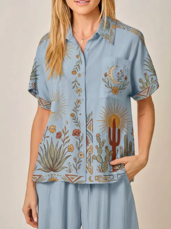 Women's Boho Desert Cactus Moon Sun Printed Button-up Shirt