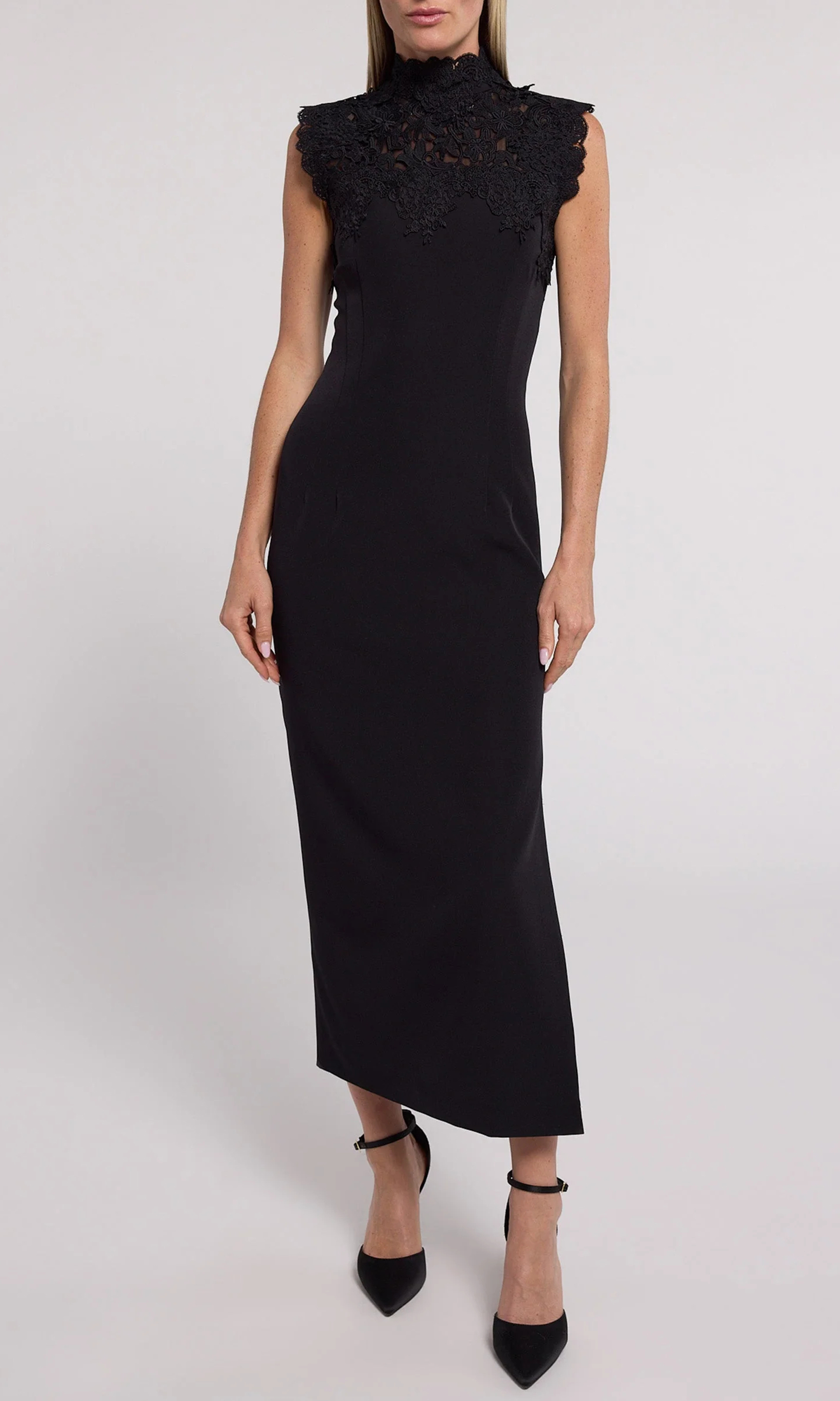 Lace Panel Crepe Turtleneck Dress