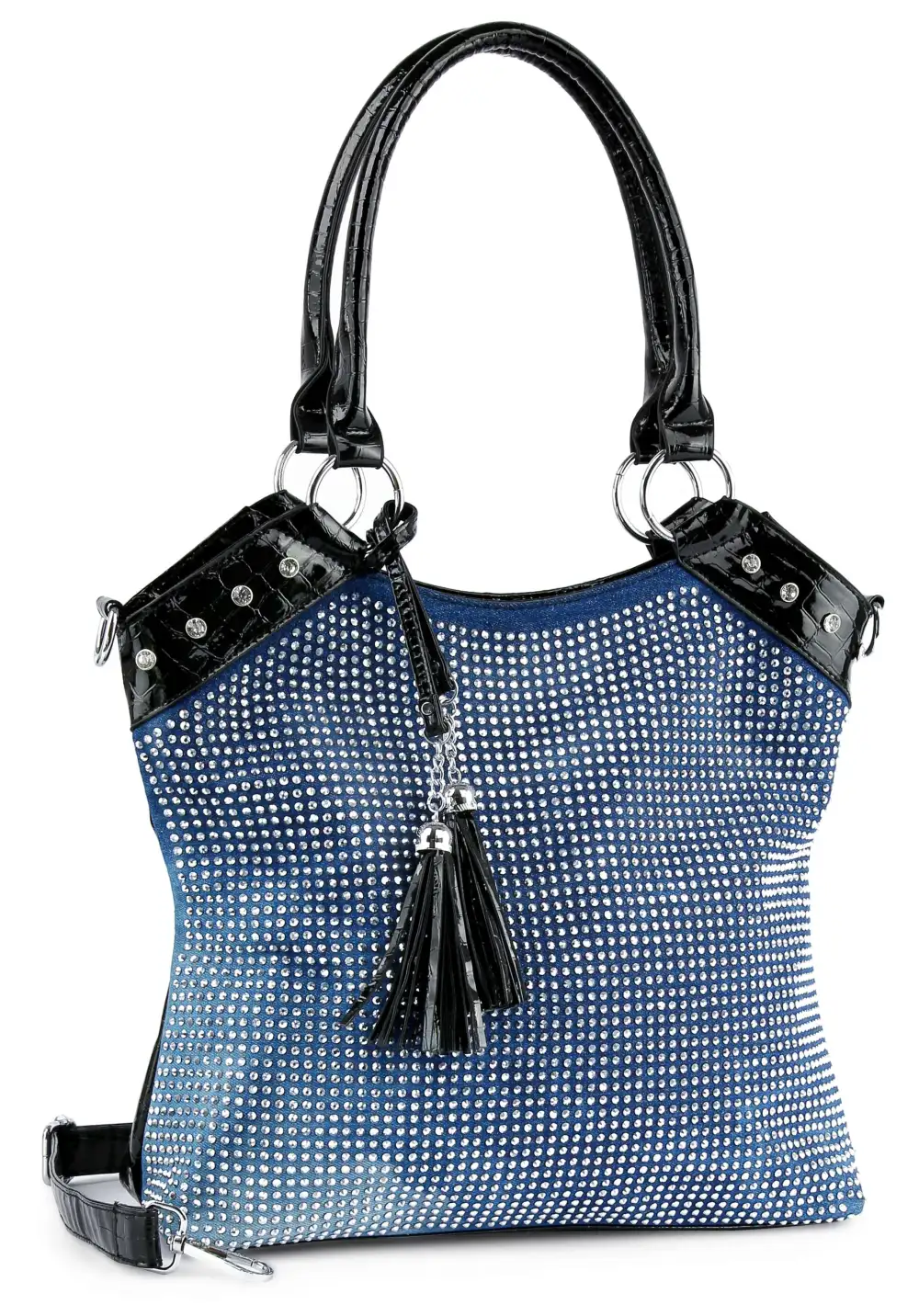Embossed Crystal Accent Tassel Accent Faux Leather Tote Bag