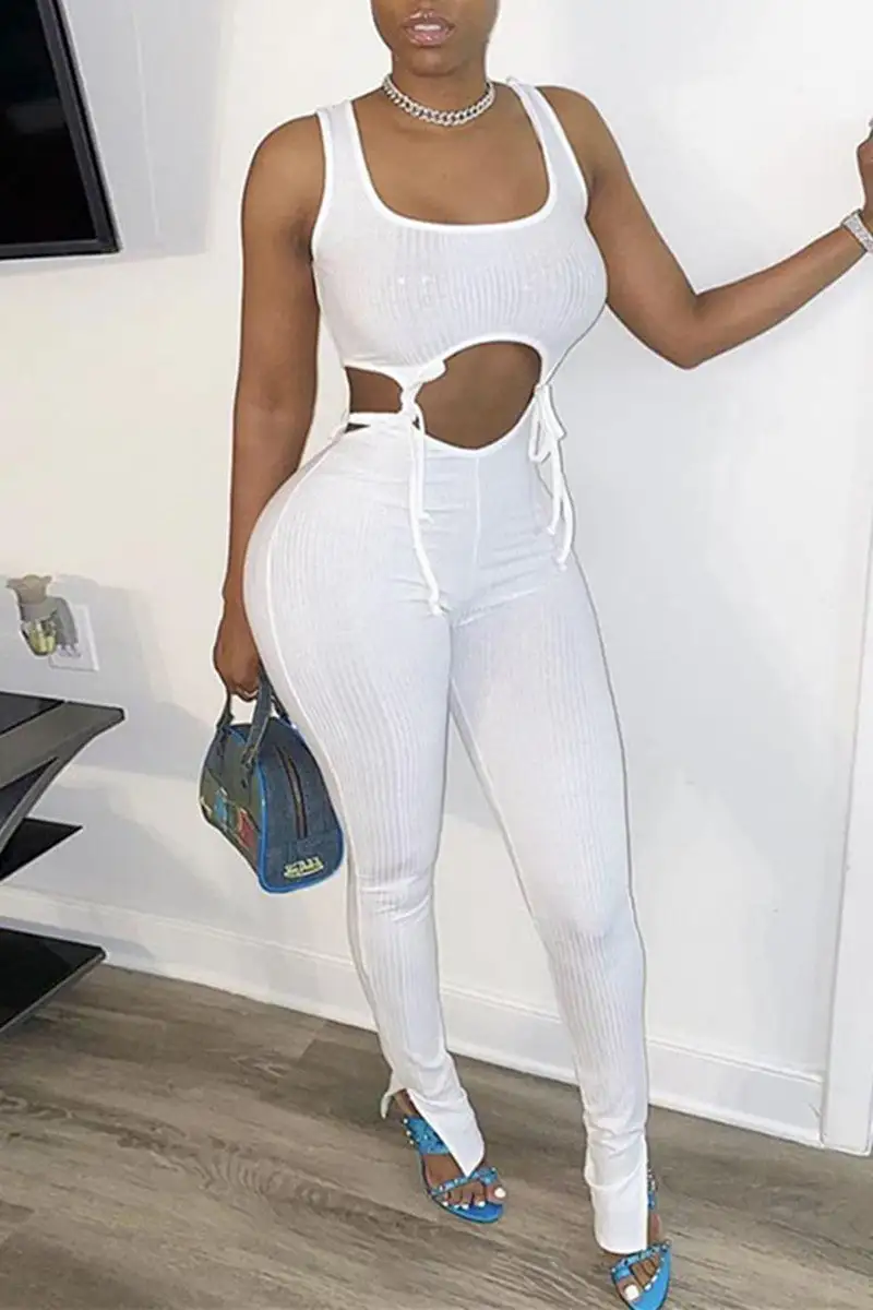 Sexy Casual Solid Hollowed Out Strap Design U Neck Skinny Jumpsuits