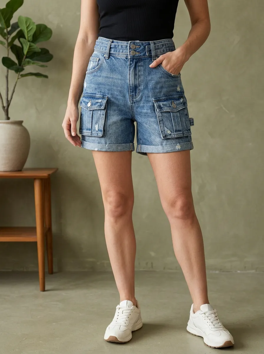 Women's Classic High-Waisted Distressed Cargo Denim Shorts