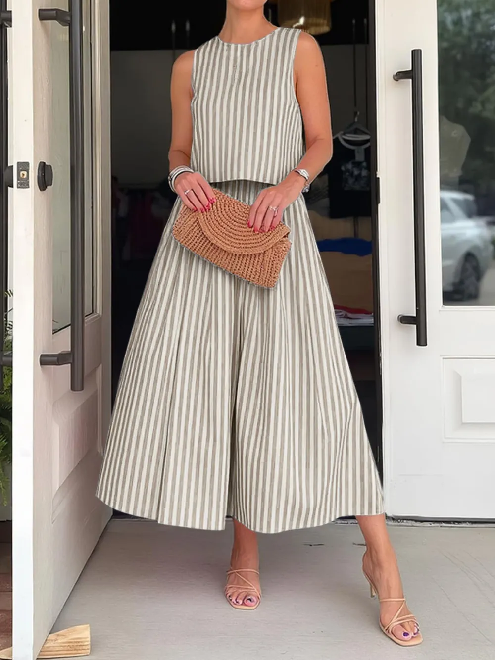 Natural Button Front Sleeveless Detail Coordinated Set