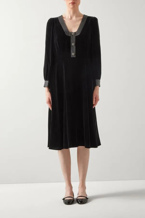 Black Contrast Trim Short Sleeve Midi Dress