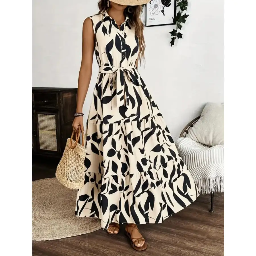 Printed Tie Waist Sleeveless Maxi Dress