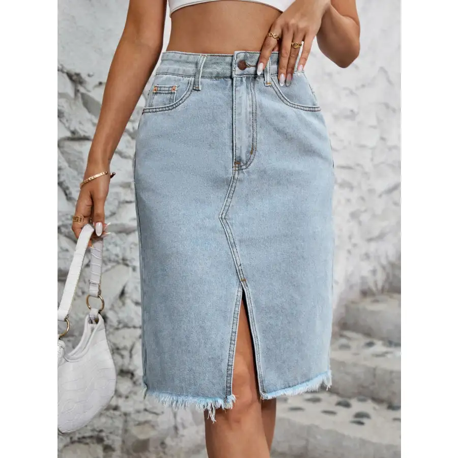 Raw Hem Slit Denim Skirt