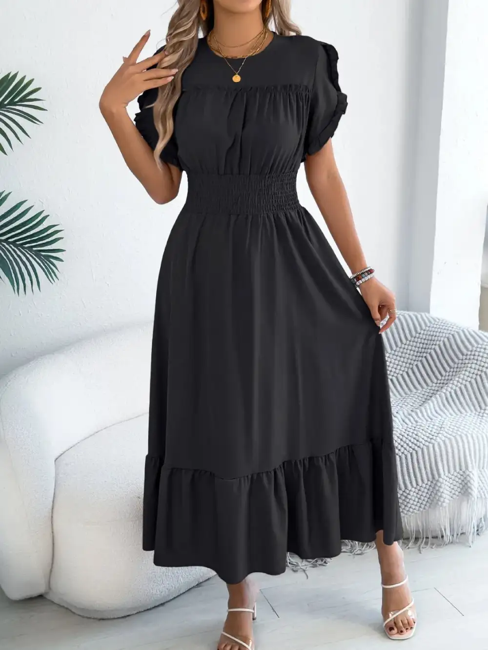 Crew Neck Ruffled Smocked Midi Dress