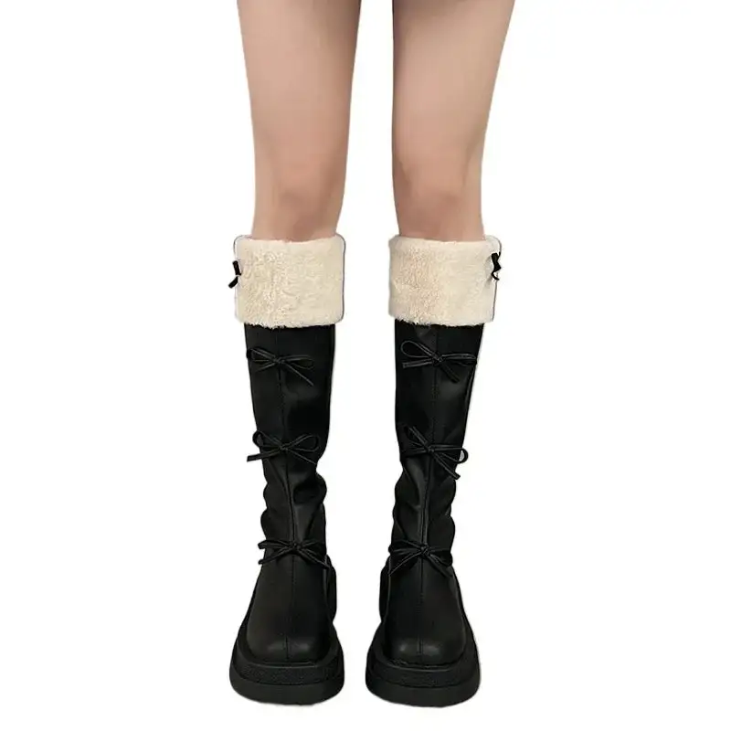 Plush-Lined Round-Toe Square-Heel Knee-High Boots