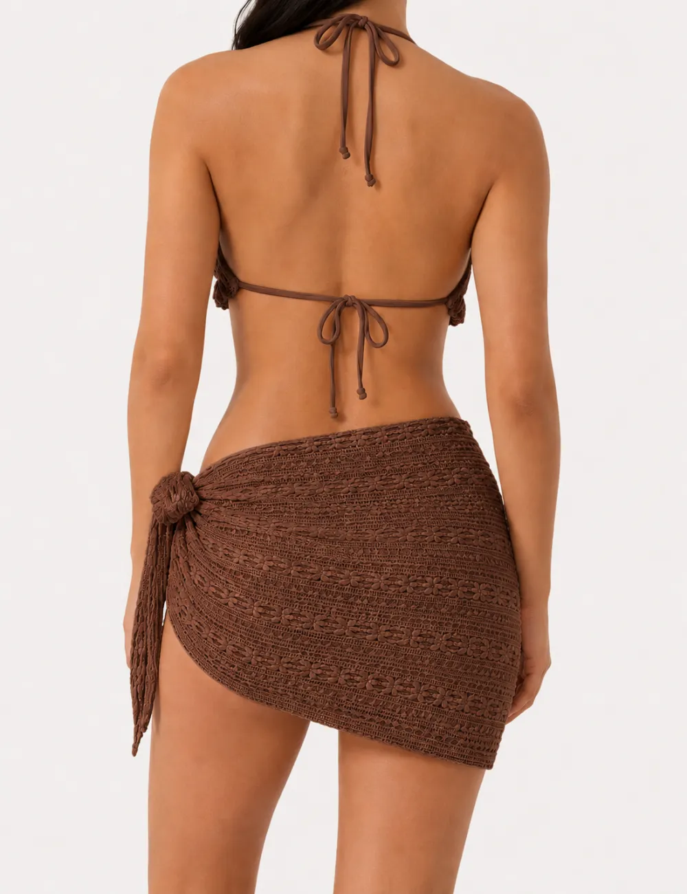 Solid Color Crochet Triangle Bikini Set with Cover Up Skirt