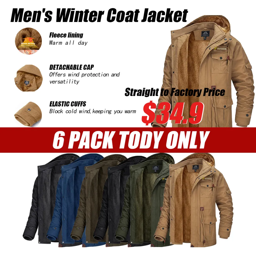 Men's Winter Coat Jacket Fleece Lined Parka Cotton Cargo Jacket Menswear Tops Long Sleeve Warm Thermal Hoodie