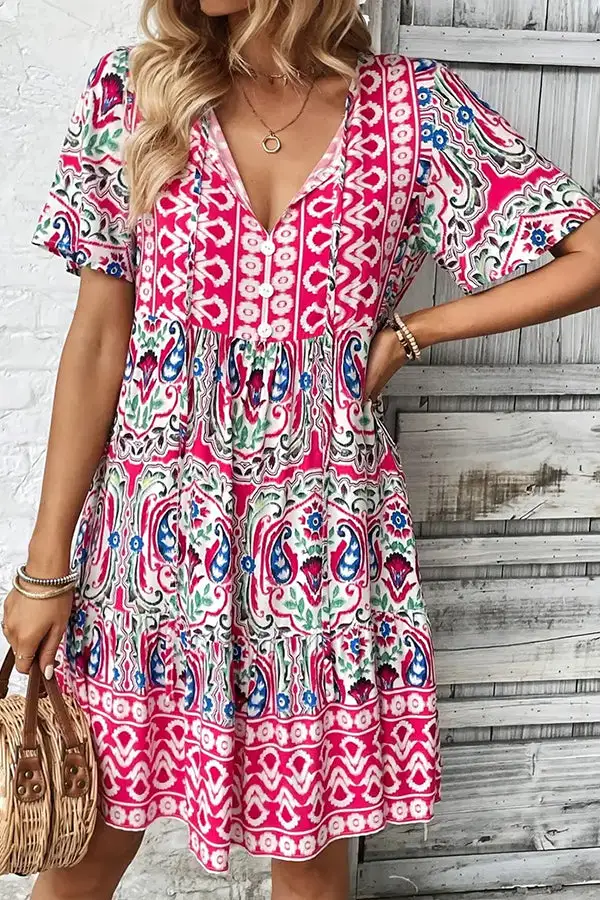 V Neck Button Casual Mini Dress
