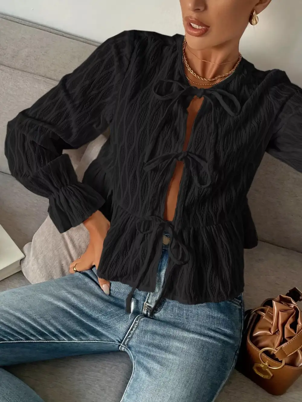 Refined Tie Front Flounce Sleeve Blouse
