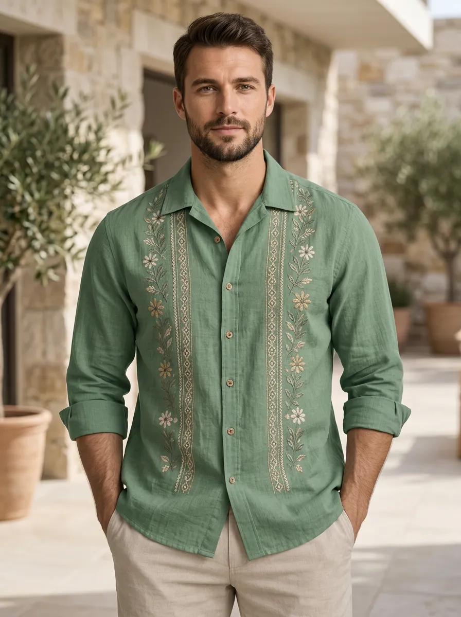Men's Contemporary Linen Floral Embroidered Shirt