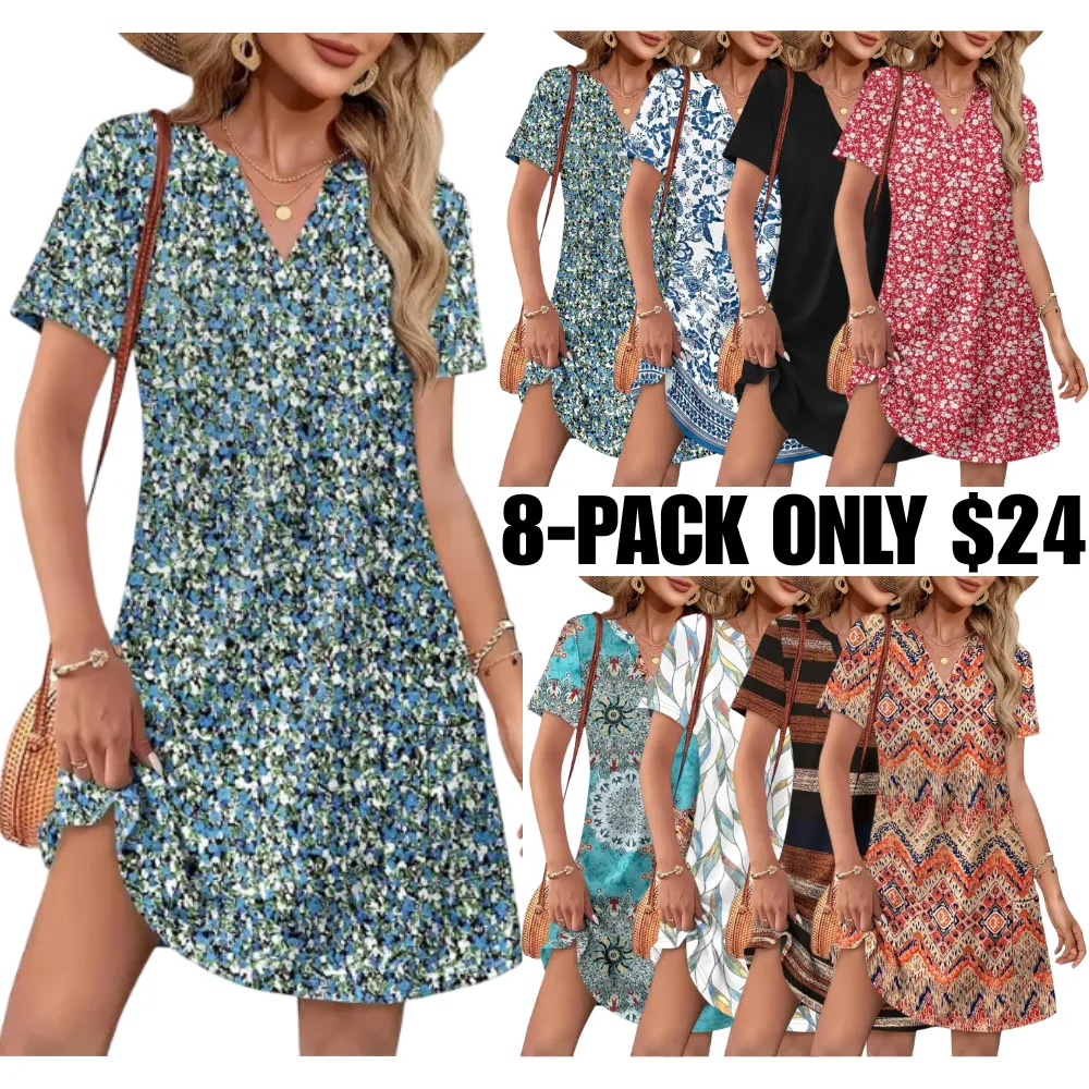 Women’s Summer Casual Dress – V-Neck Short Sleeve Beach Dress