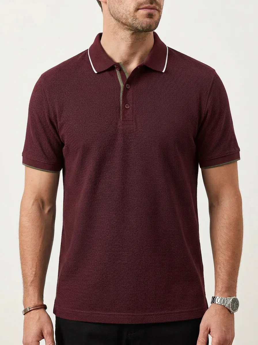Men's Ribbed Textured Contrast-Collar Contrast-Trim Polo Shirt