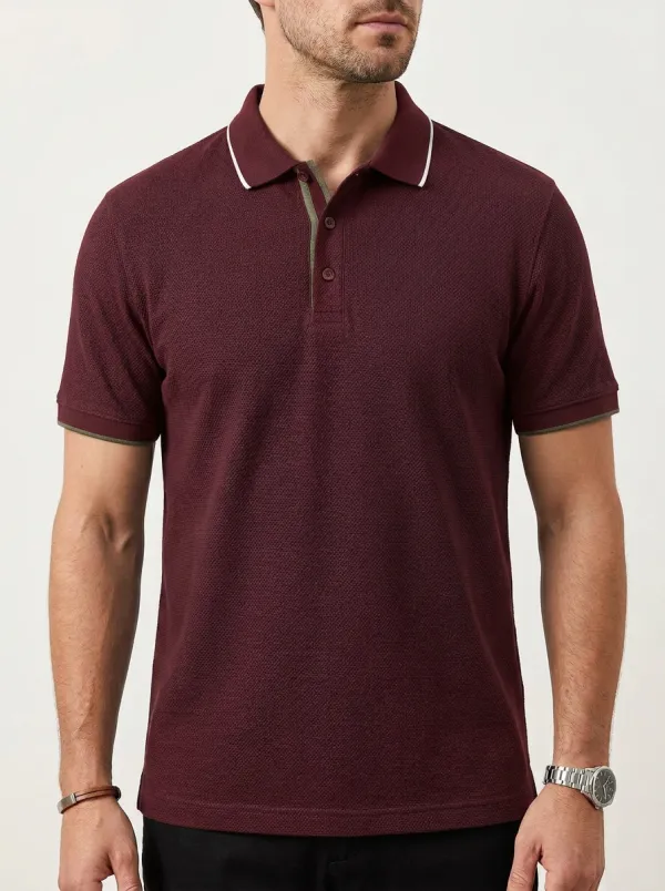 Men's Ribbed Textured Contrast-Collar Contrast-Trim Polo Shirt
