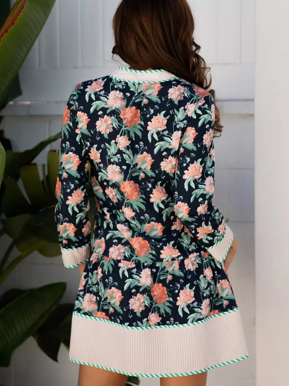 Print Trim V Neck Long Sleeve Ruffle Hem Shift Mini Dress