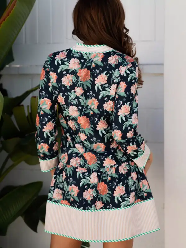 Print Trim V Neck Long Sleeve Ruffle Hem Shift Mini Dress