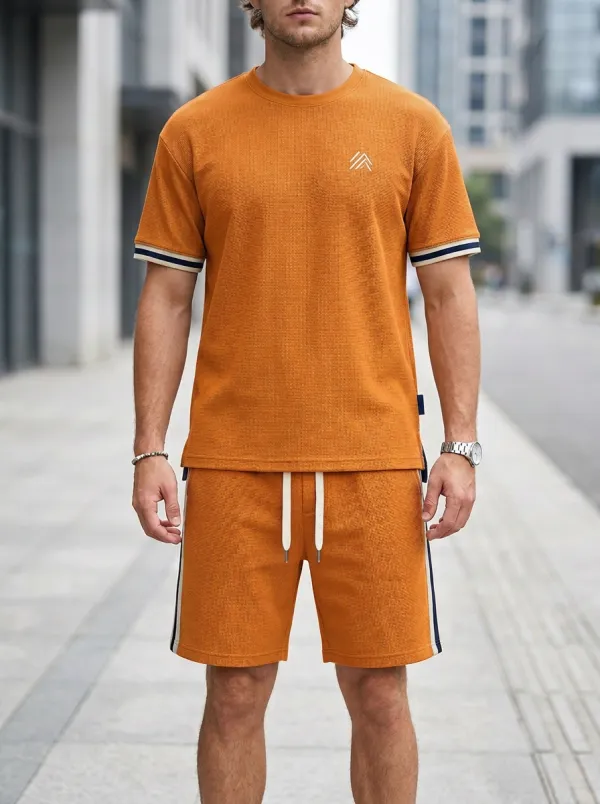 Casual Waffle Texture Profile Men's T-Shirt And Shorts Set