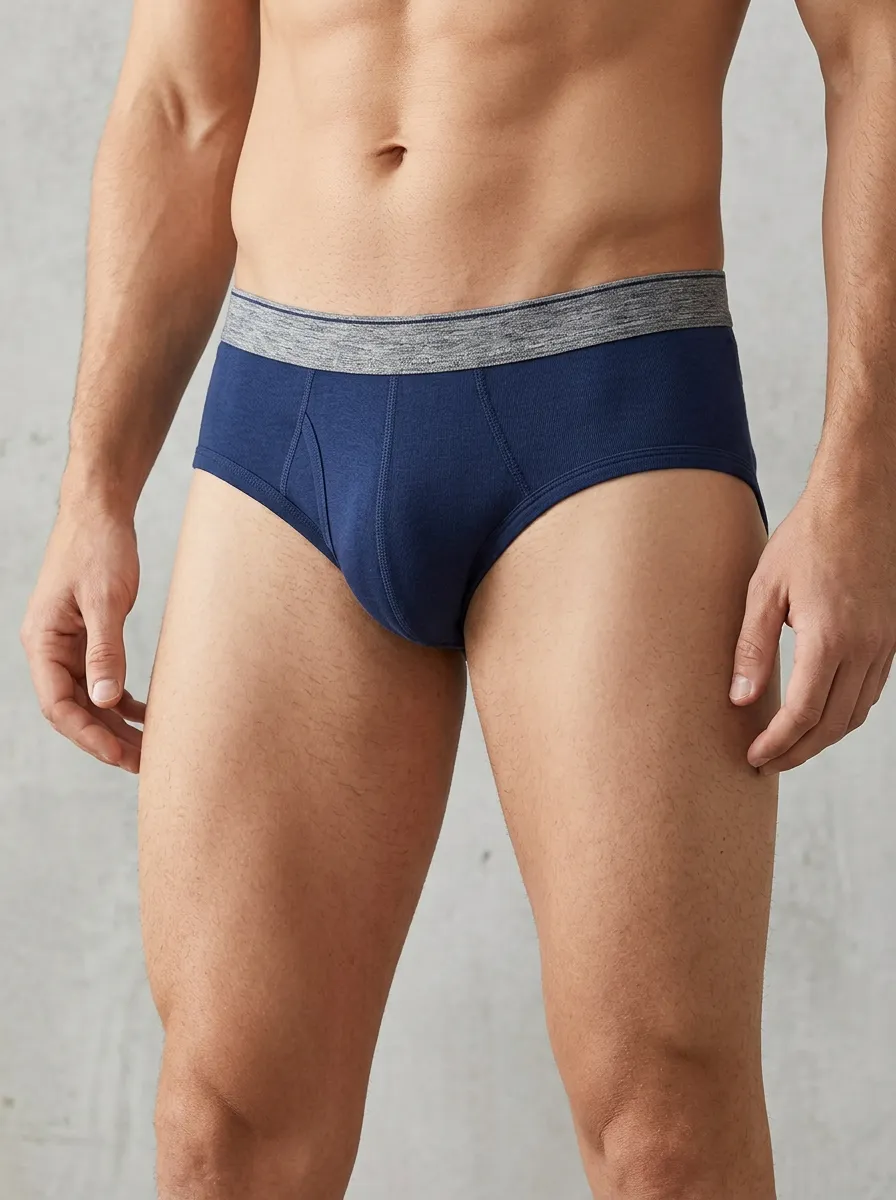 Men's Navy Blue Grey Waistband Solid Color Briefs